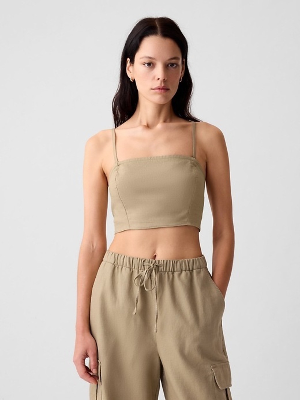 GAP LINEN COTTON SQUARE NECK CROP TOP SLIM STRAPS Tan M